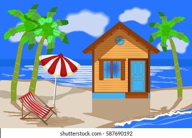 Summer beach. Beach House on the palms and sea background. Tropic house for rent or accommodation. Palm trees, sky, sun lounger, parasol. Summer travel poster. Vacation in paradise concept. Vector