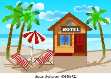 Summer beach. Beach House on the palms and sea background. Tropic house for rent or accommodation. Palm trees, sky, sun lounger, parasol. Summer travel poster. Vacation in paradise concept. Vector