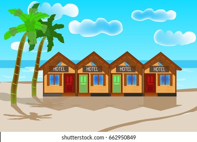 Summer beach. Beach House on the palms and sea background. Tropic house for rent or accommodation. Palm trees, sky, sun lounger, parasol. Summer travel poster. Vacation in paradise concept. Vector