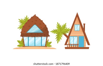Summer Beach Houses Rested on Sand with Palm Trees Around Vector Set