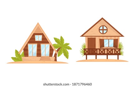 Summer Beach Houses Rested on Sand with Palm Trees Around Vector Set