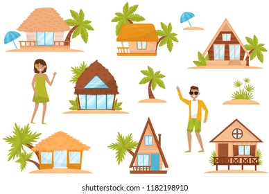 Summer beach houses set, people enjoying tropical summer vacation vector Illustration on a white background