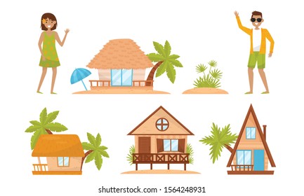 Summer Beach Houses Vector Set. People Characters Enjoying Vacation Time