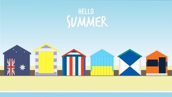 Summer Beach Hut. Summer In Brighton Beach, Melbourne, Australia. Beautiful Bathing Houses In Brighton Beach. Perfect For Social Media, Banner, Poster, Background, Ads, Flyer, Brochure, Wallpaper.