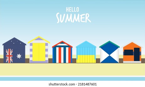 Summer Beach hut. Summer in Brighton beach, Melbourne, Australia. Beautiful Bathing houses in Brighton beach. Perfect for social media, banner, poster, background, ads, flyer, brochure, wallpaper.