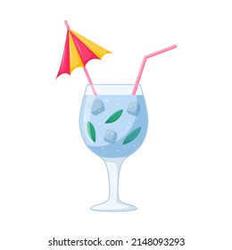 Cóctel de hielo de la playa de verano. Una bebida refrescante mezclada con cubos de hielo y hojas de menta en una copa de vino transparente con paja. Bebida saludable con dibujos animados sobre fondo blanco. Ilustración del vector