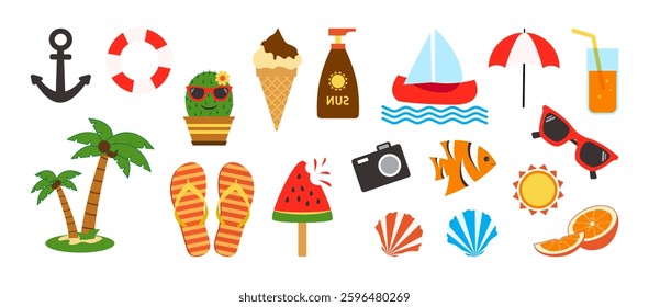Summer beach icon, cartoon vacation set, cute tropical sticker. Funny summertime element. Watermelon, boat, ice cream, palm tree, fruit, lifebuoy, sun isolated on white background. Vector illustration