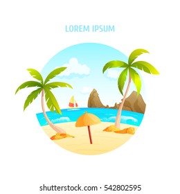 summer beach icon on white background Vector illustration with ocean palms umbrella