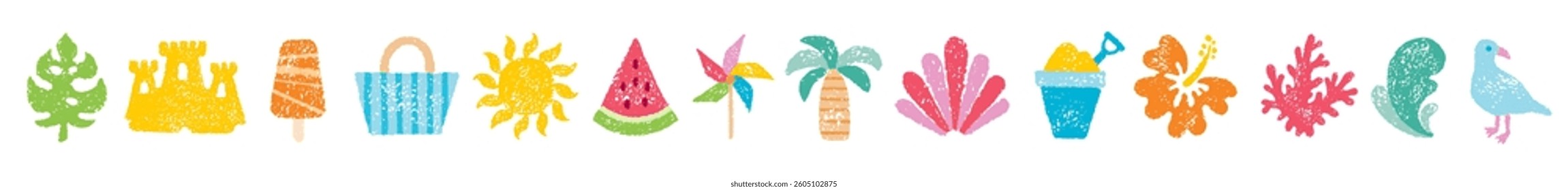 Summer beach icon. Sea vacation vector. Crayon doodle sticker set with sun, palm, shell, flower, watermelon, coral, sand castle. Chalk travel illustration. Summer holiday element. Crayon sea beach bg