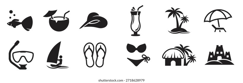 Icono de la playa del verano fijado negro sobre un fondo blanco