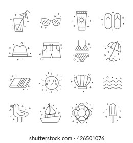 Summer beach icon set. Clean and simple outline design.