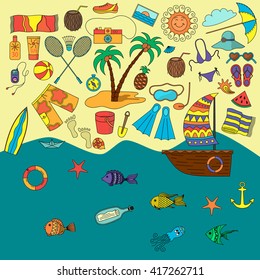 summer beach icon set with holiday and vacation elements