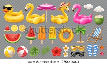 Summer Beach Icon Set with Inflatable Floats Fruits and Accessories
