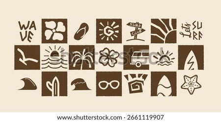 Summer Beach Icon Set. Minimal Boho Surf and Vacation Icons, Beach, Surfboard, Sunset, and Travel Icons