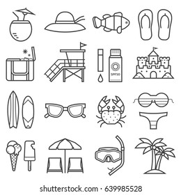 Summer beach icon set. Summertime sea vacation collection in linear style. Sunbathing accessories and beach activity elements. Tropical holidays vector icons in line art design.