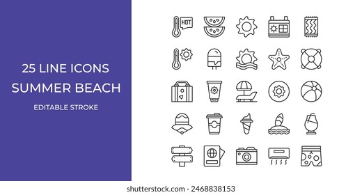 Summer beach icon set vector design illustration stock editable stroke. ice cream, beach, sun and more