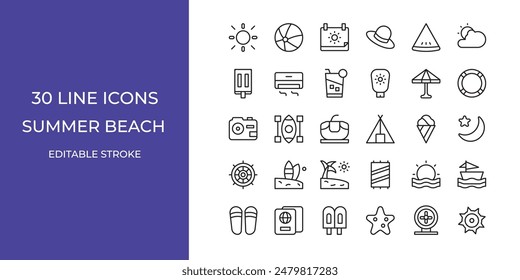 Summer beach icon set vector illustration stroke editable. sunscreen, lifebuoy, starfish and more