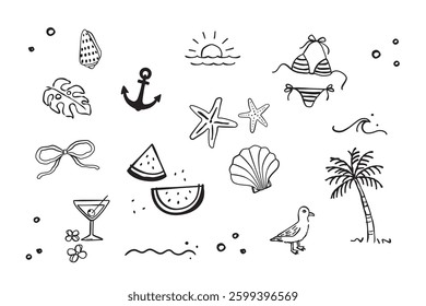 Summer beach icon set, vector hand drawn sketched design element