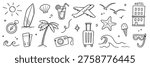 Summer beach icon travel element set. Hand drawn doodle line summer vacation, sketch sun, sea holiday trip. Cute beach icon, sunglasses, camera graphic elements. Vector illustration