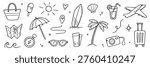 Summer beach icon travel element set. Hand drawn doodle line summer vacation, sketch sun, sea holiday trip. Cute beach icon, sunglasses, camera graphic elements. Vector illustration