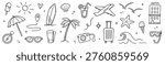 Summer beach icon travel element set. Hand drawn doodle line sketch with sun, sea, vacation holiday trip. Cute beach icon elements with sunglasses and camera for travel design. Vector illustration