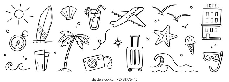 Summer beach icon travel element set. Hand drawn doodle line summer vacation, sketch sun, sea holiday trip. Cute beach icon, sunglasses, camera graphic elements. Vector illustration