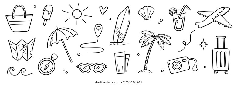 Summer beach icon travel element set. Hand drawn doodle line summer vacation, sketch sun, sea holiday trip. Cute beach icon, sunglasses, camera graphic elements. Vector illustration
