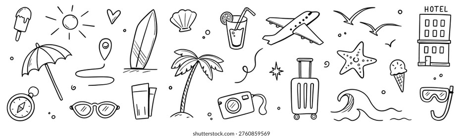 Summer beach icon travel element set. Hand drawn doodle line sketch with sun, sea, vacation holiday trip. Cute beach icon elements with sunglasses and camera for travel design. Vector illustration