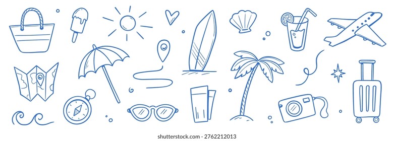 Summer beach icon travel element set. Hand drawn doodle line summer vacation, sketch sun, sea holiday trip. Cute beach icon, sunglasses, camera graphic elements. Vector illustration