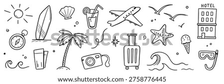 Summer beach icon travel element set. Hand drawn doodle line summer vacation, sketch sun, sea holiday trip. Cute beach icon, sunglasses, camera graphic elements. Vector illustration
