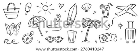 Summer beach icon travel element set. Hand drawn doodle line summer vacation, sketch sun, sea holiday trip. Cute beach icon, sunglasses, camera graphic elements. Vector illustration