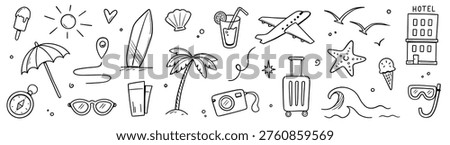 Summer beach icon travel element set. Hand drawn doodle line sketch with sun, sea, vacation holiday trip. Cute beach icon elements with sunglasses and camera for travel design. Vector illustration