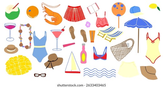 summer beach icon, tropical summer doodle icon set, set of hand drawn vector