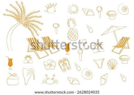summer beach icon, tropical summer doodle icon set, vector hand drawn vacation line illustration, beach holiday rest, palm tree, bikini, beach chair