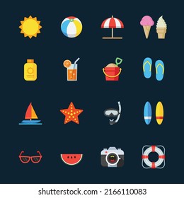 Iconos de verano y playa de fondo negro