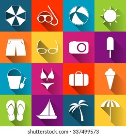 Summer beach icons, collection of white icons on vibrant colored tiles