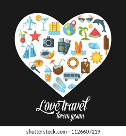 Summer and Beach the icons enclosed in the shape of heart. Flat vacation web icon set. Travel graphic icons set with starfish, sailboat, airplane, cocktail, other images. Editable stroke Vector.