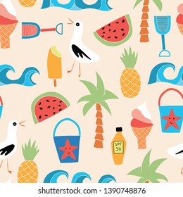Summer Beach icons flat seamless vector pattern background