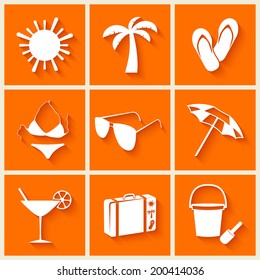 Summer and beach icons in flat style on orange background. Vector illustration