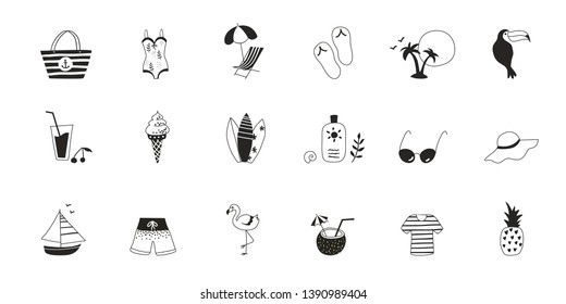 Symbole für den Sommerstrand. Handgezeichnete Vektorgrafik. Skandinavischer Stil.