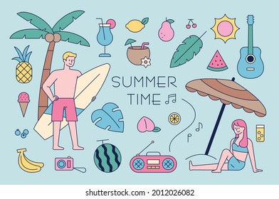 Summer beach icons and male and female characters in swimsuits. outline simple vector illustration.