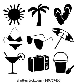 Summer and beach icons on white background. Vector illustration