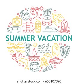 Summer and Beach Icons. Outline vacation web icon set. Travel graphic icons set with starfish, sailboat, airplane, cocktail, chaise lounge and other images. Abstract isolated vector illustration.