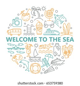 Summer and Beach Icons. Outline vacation web icon set. Travel graphic icons set with starfish, sailboat, airplane, cocktail, chaise lounge and other images. Abstract isolated vector illustration.