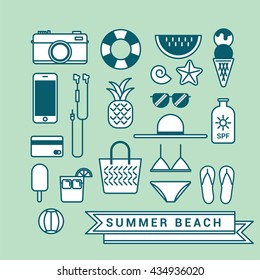 Summer beach and icons set for flat design.