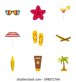 Summer beach icons set. Flat illustration of 9 summer beach vector icons for web