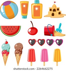 Summer beach icons set illustration