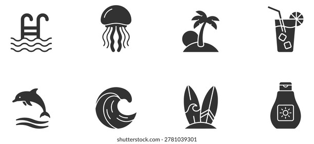 summer and beach icons set including swimming pool ladder, jellyfish, palm tree island, cocktail, dolphin, ocean wave, surfboards, and sunscreen on transparent background