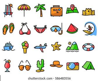 Summer beach icons set in line thin and simply style. Pictogram with recreation, travel and vacation objects. Vector illustrations  with airplane, ship,  camping tent, luggage,  landscape, cocktails