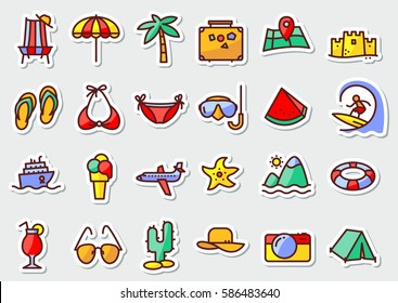 Summer beach icons set in line thin and simply style. Pictogram with recreation, travel and vacation objects. Vector illustrations  with airplane, ship,  camping tent, luggage,  landscape, cocktails